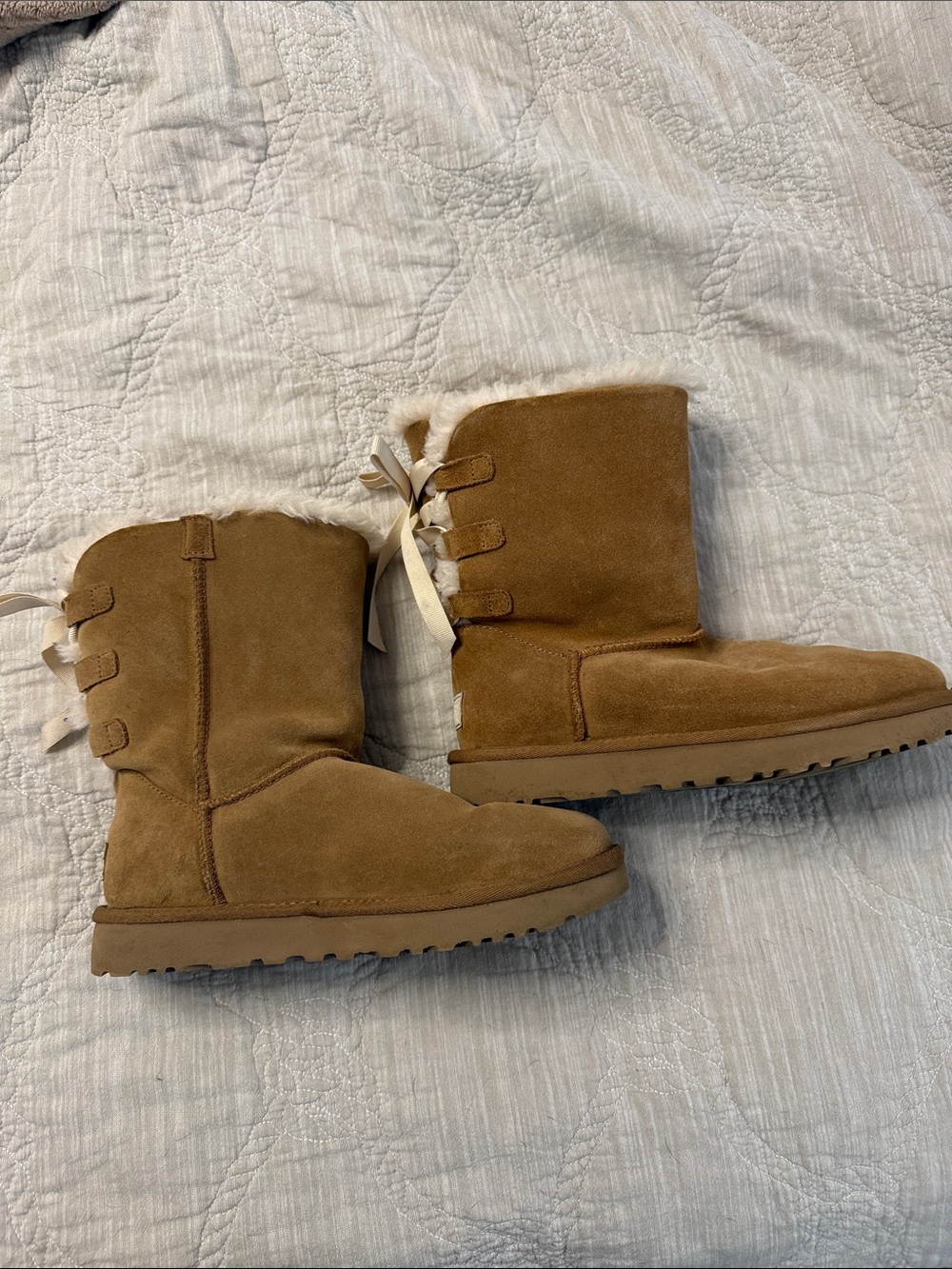 UGG Chestnut Suede Shearling Ribbon Back Winter Boots